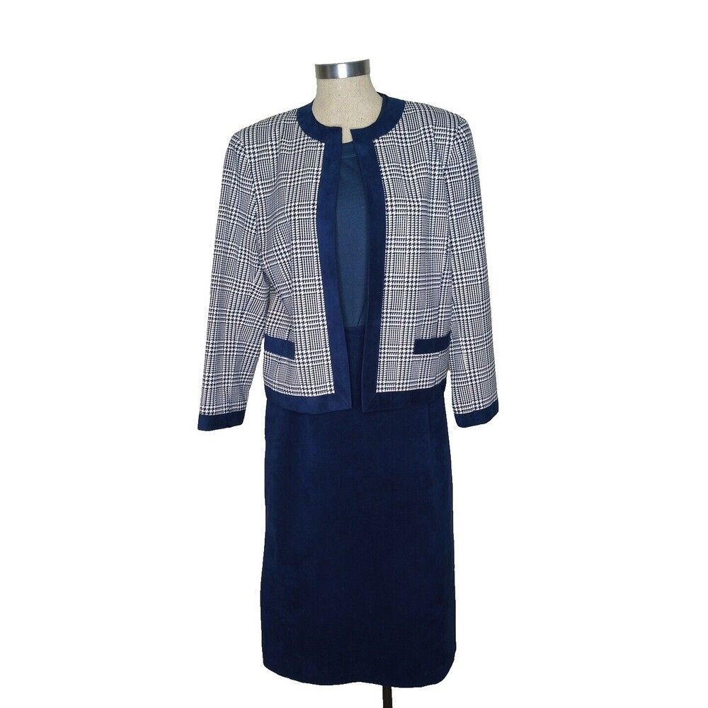 Vtg 80s UltraSuede Suit Skirt Set Sz 14 Navy Houndstooth Lined Academia Career